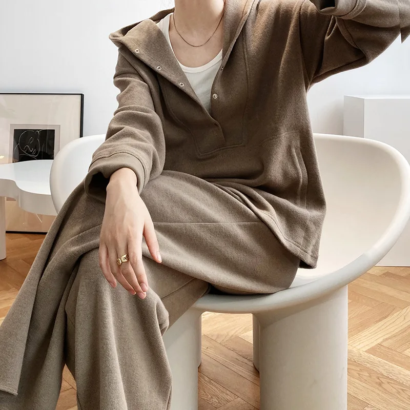 

Women's Loose Soft Hooded Pullover and Wide Leg Casual Pants Outfits Female Solid Color Cotton Tracksuit Sweatsuit Retro Jumper