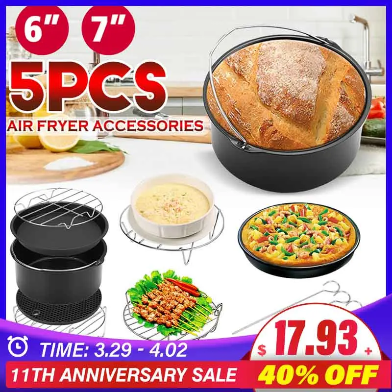 

5Pcs 6/7 Inch Air Fryer Accessories Cake Pizza Cage Steaming Frame Grill Insulation Pad For All Airfryer 3.7 4.2 5.3 5.8QT