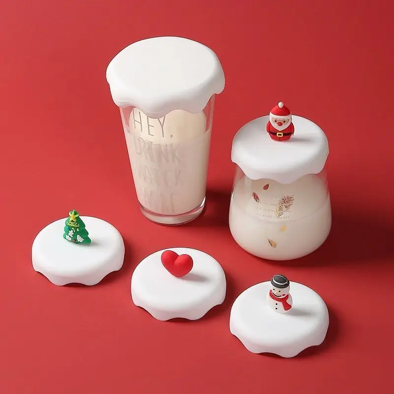 

1Pc Christmas Tree Snowman Drinking Cup Lid Food Grade Silicone Wave Snow Design Anti-dust Mug Cup Bowl Cover For Glass Mugs