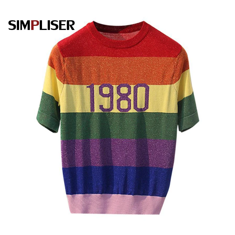 Lurex Rainbow Color Sweaters For Women 2020 Summer O-neck Short Sleeve Female Pullovers Knitting Tees Ladies Tops Knitted Shirts | Женская