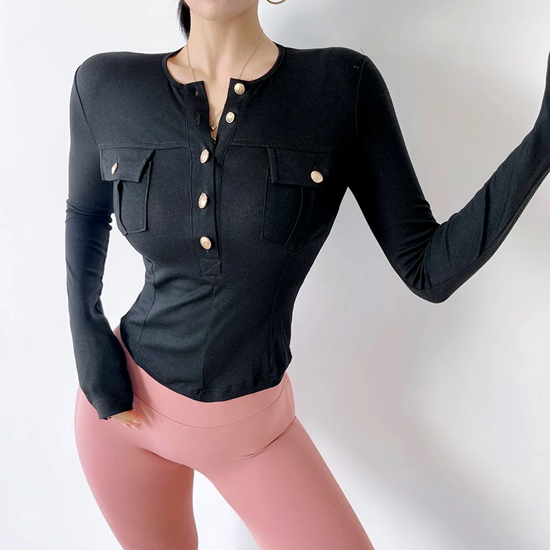 

mitaogirl tight-fitting seamless knitted sports top yoga T-shirt women's long-sleeved fitness top tooling pocket top