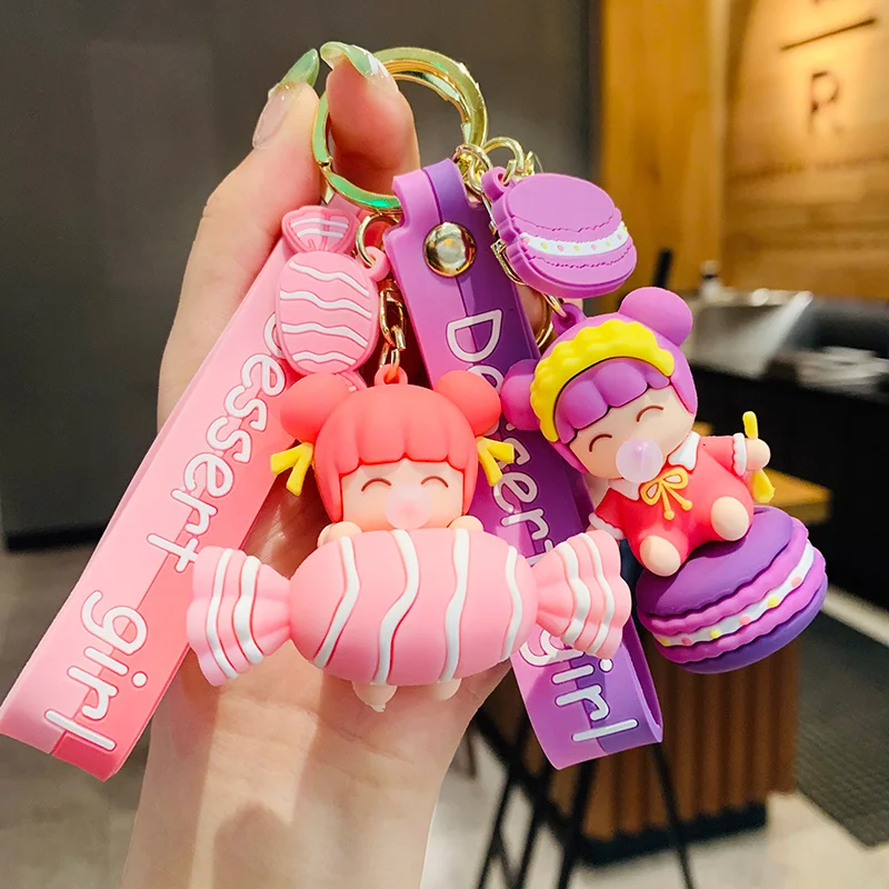 

New Cartoon Candy Bubble Girl Keychain Cute Pink Purple Blue Yellow Doll Soft PVC Lanyard Bag Car Metal Keyring Lady Lover Gift