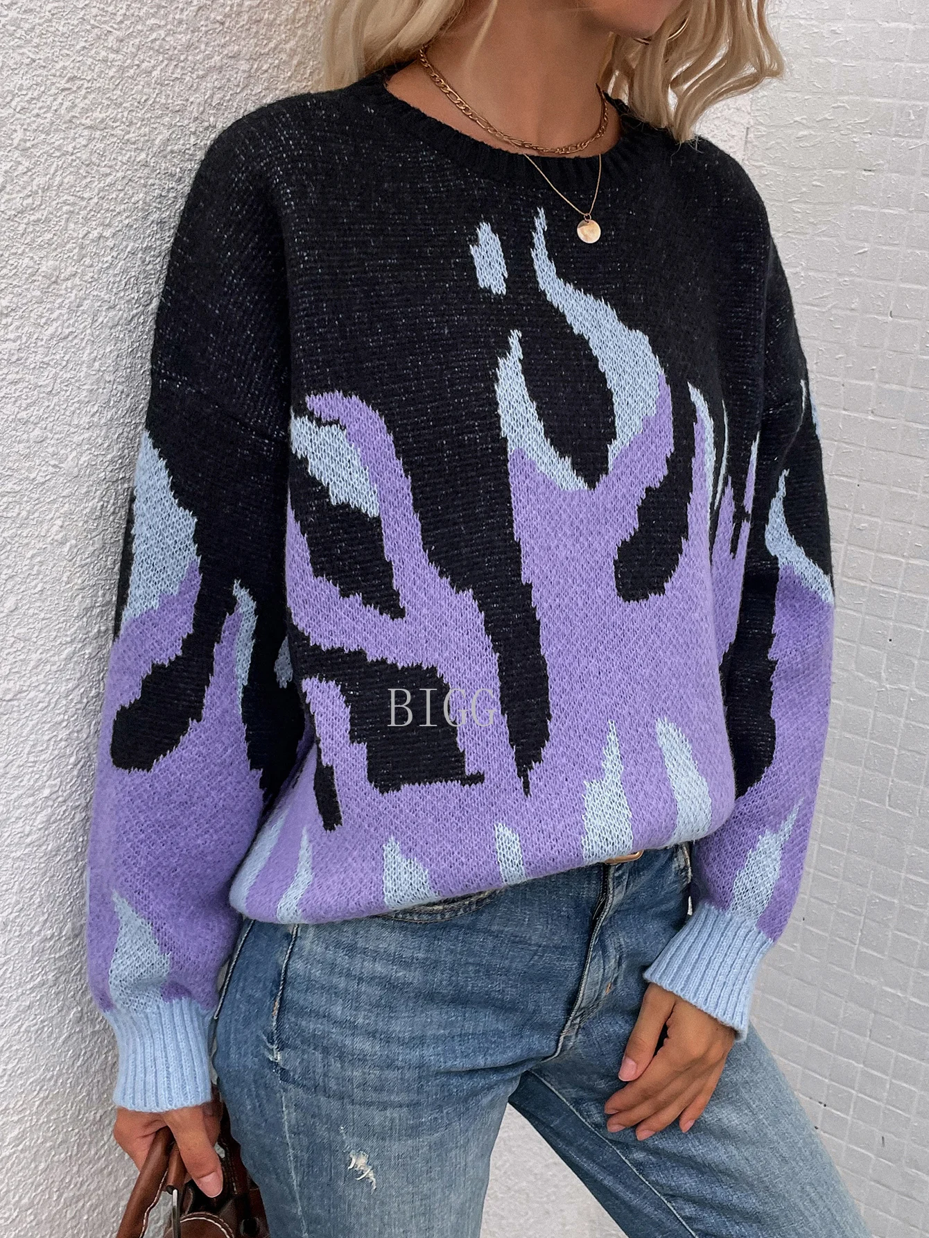 

2021 knitted mid-length round neck pullover sweater fashion street hipster print loose plus size women's sweater