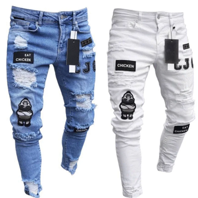 

3 Styles Bottoms Stretchy Ripped Skinny Biker Embroidery Print Jeans Destroyed Hole Slim Fit Scratched High Quality Jean