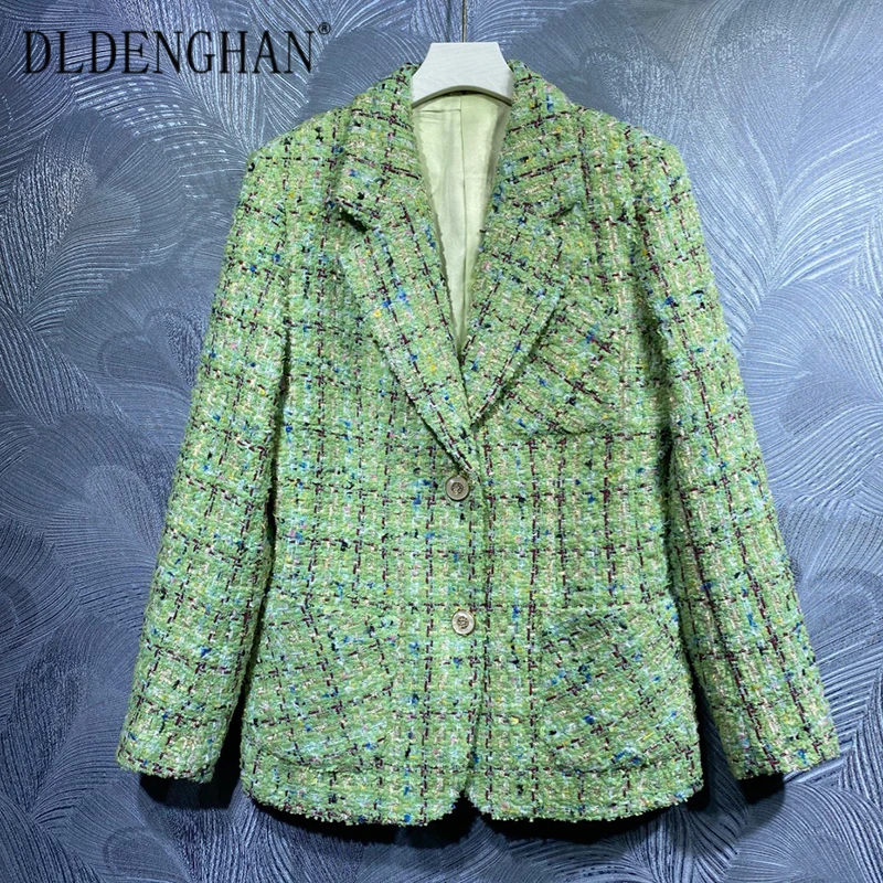 

DLDENGHAN Fashion Runway Designer Autumn Tweed Plaid Jacket Women Turn-down Collar Long Sleeve Single Breasted Casual Coat