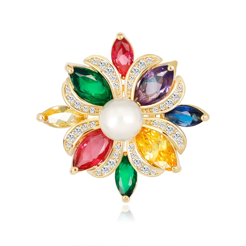 Модная Золотая разноцветная брошь в форме цветка с камнями для женщин аксессуары