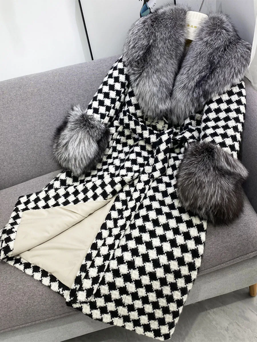 TOP Quality 2021 winter new Fashion female Trend Luxurious Red silver Fox fur parka Women's Large real fur Long Tweed wool coat