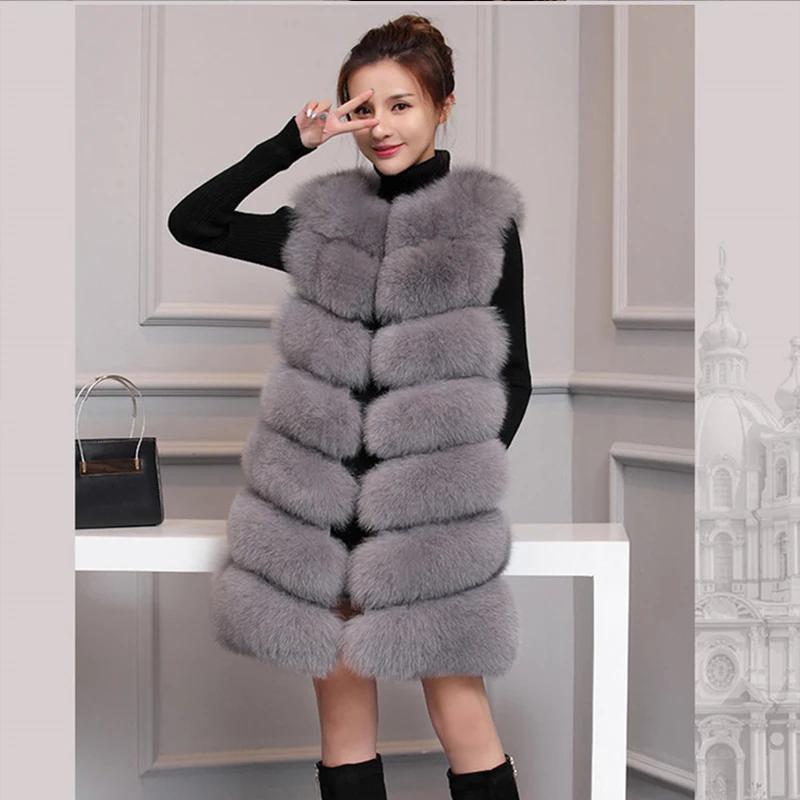 HJQJLJLS 80 CM 2021 Winter Women Warm Faux Fur Vest Gray Female Long Sleeveless Fake Fox Fur Coat Thick Artificial Fur Jacket