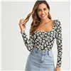 SHEIN, квадратная горловина, Маргаритка, цветочный принт, облегающая футболка, женские топы, осенняя элегантная Офисная Женская футболка с длинными рукавами