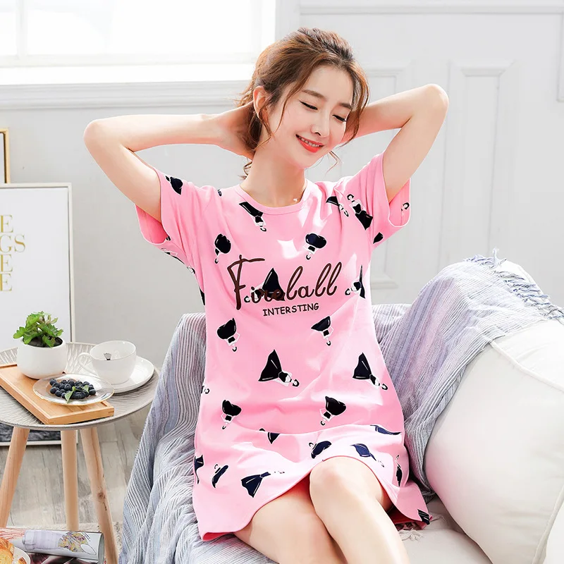 

2021 Summer Night Dress Women Plus Size Nightgown Cartoon Print Sleepshirts Short-sleeves Nightie Nightdress Cotton Sleepwear