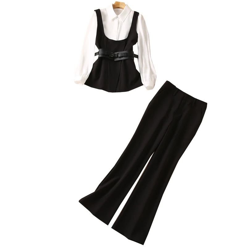 

Top Quality Designer Clothing Sets 2021 Autumn Business Suit Women Long Sleeve White Shirts+Black Vest Jackets+Long Black Pants