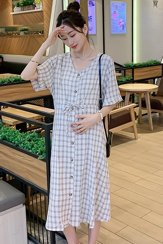 

6007# Summer Chic Ins Plaid Maternity Dress Sweet Korean Fashion Clothes for Pregnant Women A Line Loose Pregnancy Clothing