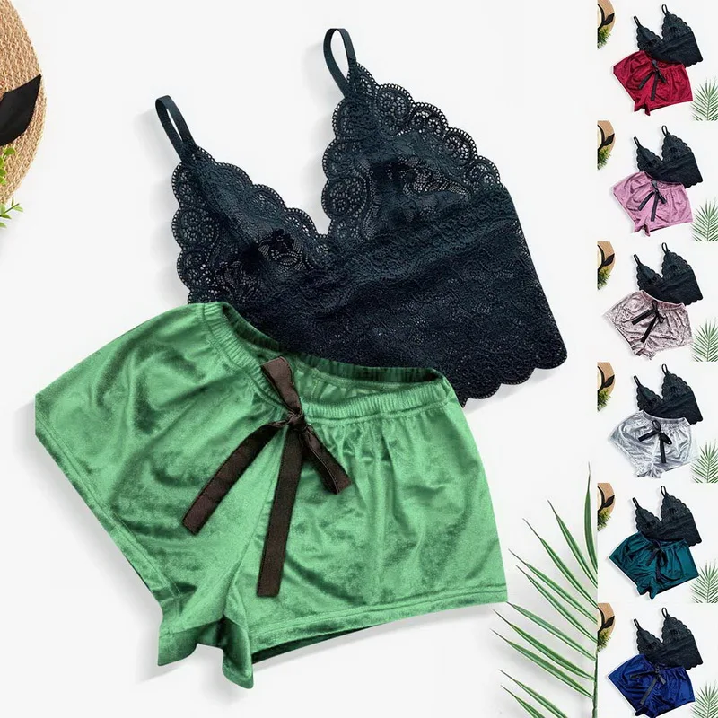 

Womens Lace Sleepwear Set Lingerie Solid Color Bowknot Pyjamas Tops Shorts Set Babydoll Faux Silk Pajamas Nightwear 2021