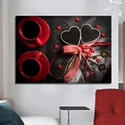 Красная кофейная чашка, постер с бантом, винтажная Картина на холсте в форме сердца, Настенная картина, картины для кухни, кофейни, Декор, подарки