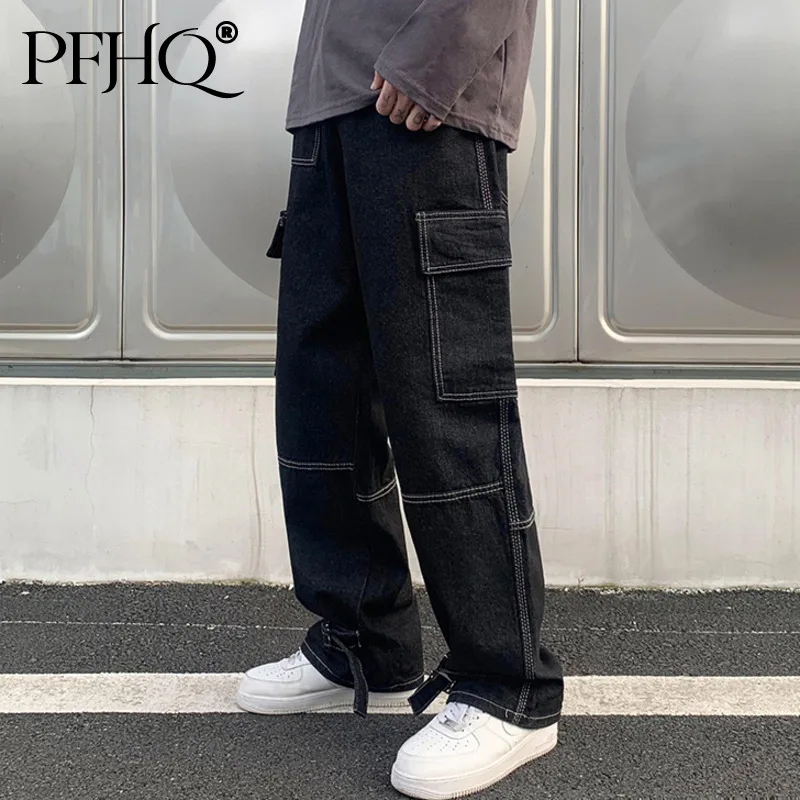 

PFHQ Men Wid Leg Baggy Harajuku Jeans Pants 2021 Mens Japanese Streetwear Vintage Denim Trousers Black Jeans Joggers