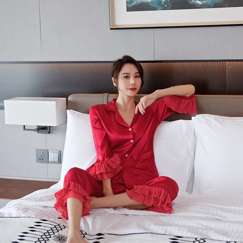 

2021 New Fashion Women Sexy Pajamas Suit Lapel Ruffled Long-Sleeved Ice Silk Solid Color Home Service Loose Sweet Style