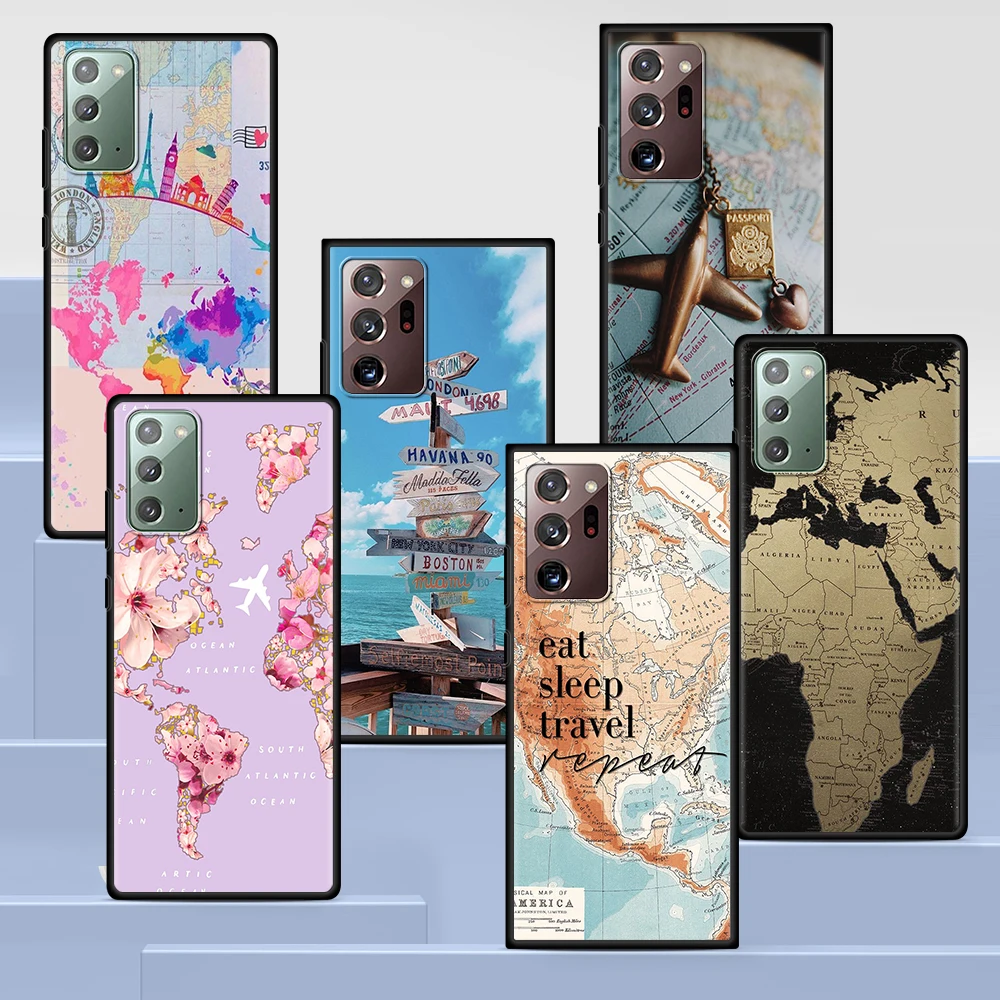 

World Map Travel Case for Samsung Galaxy S20 FE S21 Ultra S10 Lite S10e S9 S8 Plus S7 Edge A12 5G A51 A52 Black Soft Phone Cover