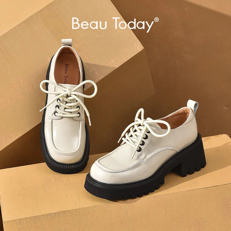 

BeauToday Casual Shoes Women Cow Leather Platform Derby Square Toe Lace-Up Ladies Flats Handmade FS21834