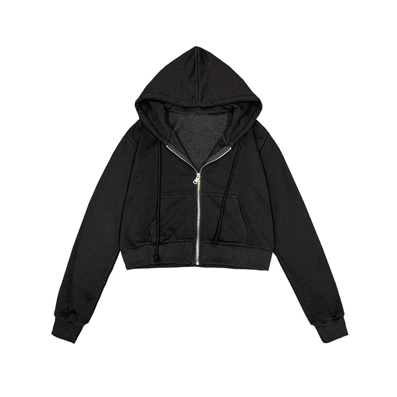 

European And American Style Short Waist Open Navel Hooded Women's Retro Autumn Winter Loose Zipper Coat Casual Long Slee