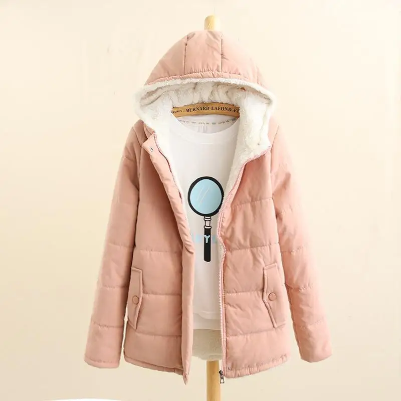 

New plush and thickened Korean hooded cotton padded jacket women's long sleeve bread jacket cotton padded jacket college style
