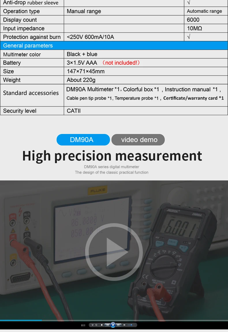 MESTEK DM90 Цифровой мультиметр 6000 отсчетов Цифровой мультиметр Профессиональный ЖК-дисплей AC/DC измерительные инструменты мультиметр тестер