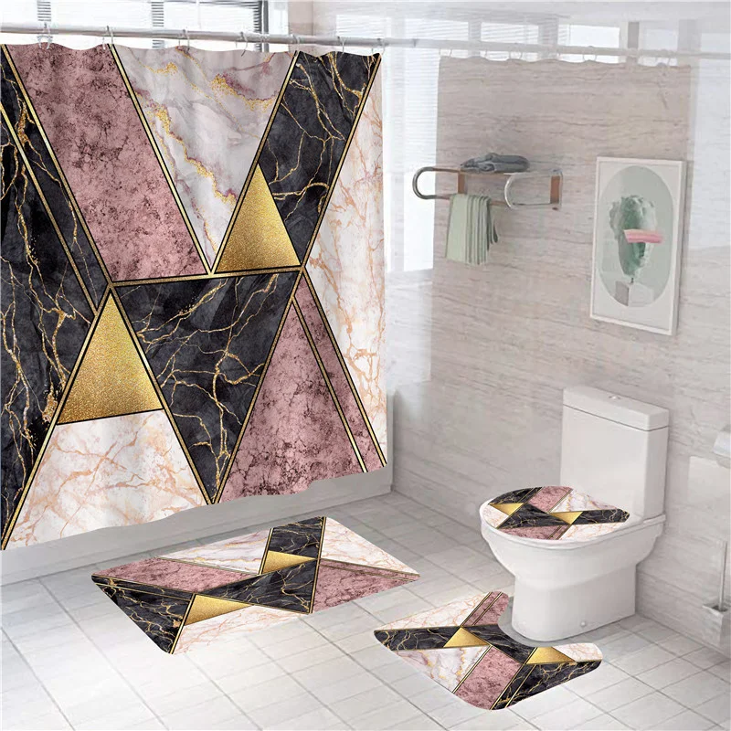 

Geometric Marble Shower Curtain Bath Mat Set Soft Carpet Anti-slip Rug Toilet Lid Cover Bathroom Curtain Modern Home Decor Pink