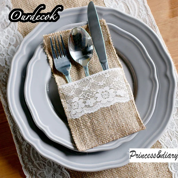 

50Pieces Vintage 4"x8" Hessian Burlap Lace Wedding Tableware Pouch Cutlery Holder Decorations Favor