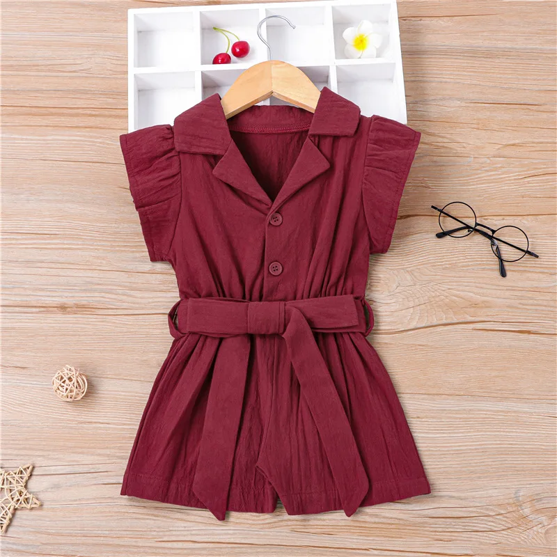

Hot Sale Girls' Jumpsuit Kids Clothes Short Sleeved Infant Spring Baby Clothes Single-breasted Casual Girl Romper Fashion Solid
