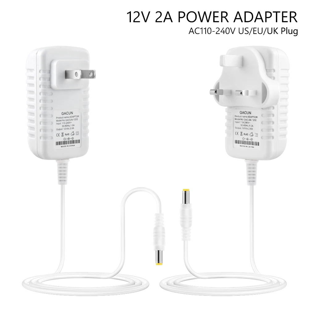 

White 12V 2A AC 110V-240V TO DC Power Supply Adapter US EU UK Plug 5.5x2.1mm Connector For 5050 3528 Strip LED CCTV Camera