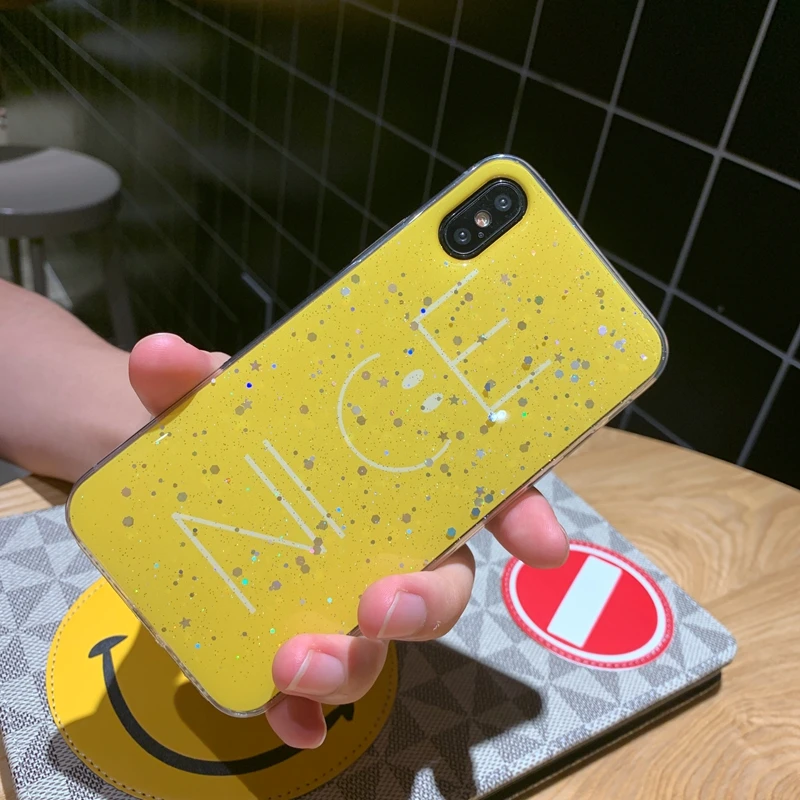 For iPhone 6 6s 7 8 Plus 10 X XS XR Max Bling Glitter Cute NICE Smile Painted Sparkle Sequins Soft Clear Silicone TPU Case Cover | Мобильные