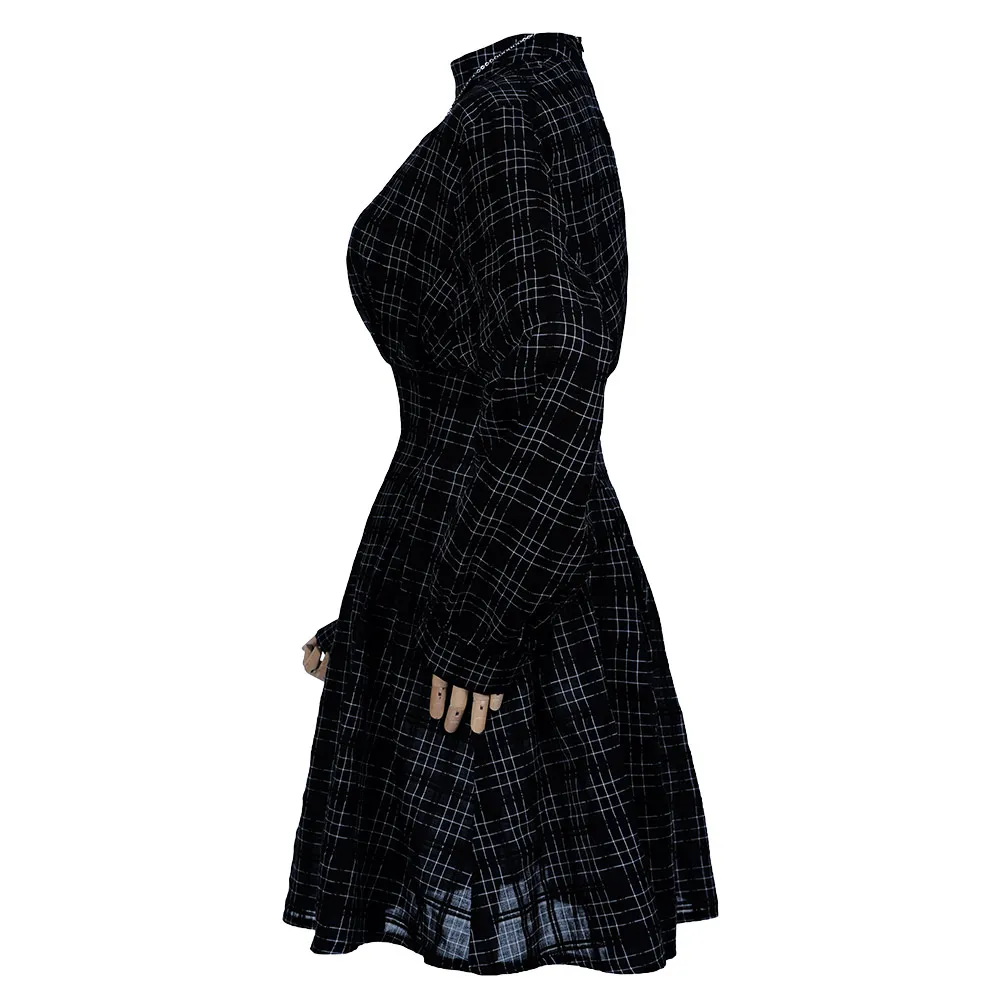 

Gothic Plaid Dress Women Spring Summer Short Dresses Womenâ€˜s Sexy Long Sleeve Perspective Dress