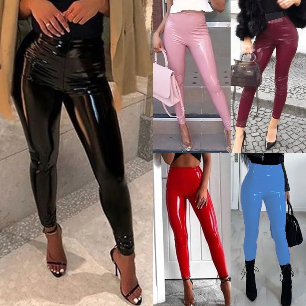 

Women Latex Leather PU Trouser High Waist Wet Look Skinny Legging Pencil Pants High Waist Tight Trouser Fashion Fall 2021 Summer