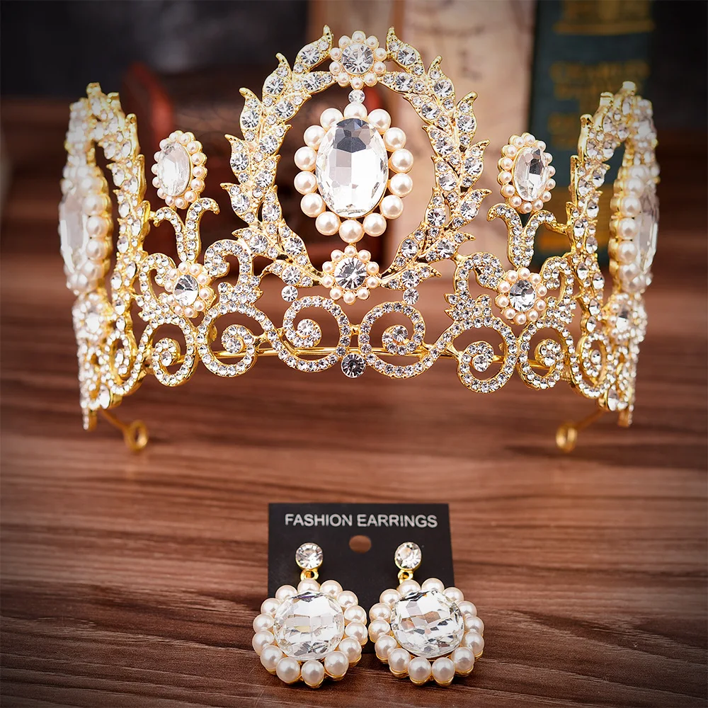 

Korean Gold Rhinestone pearl Headdress crown earrings jewelry set Bridal tiara Accessories Wedding Jewelry