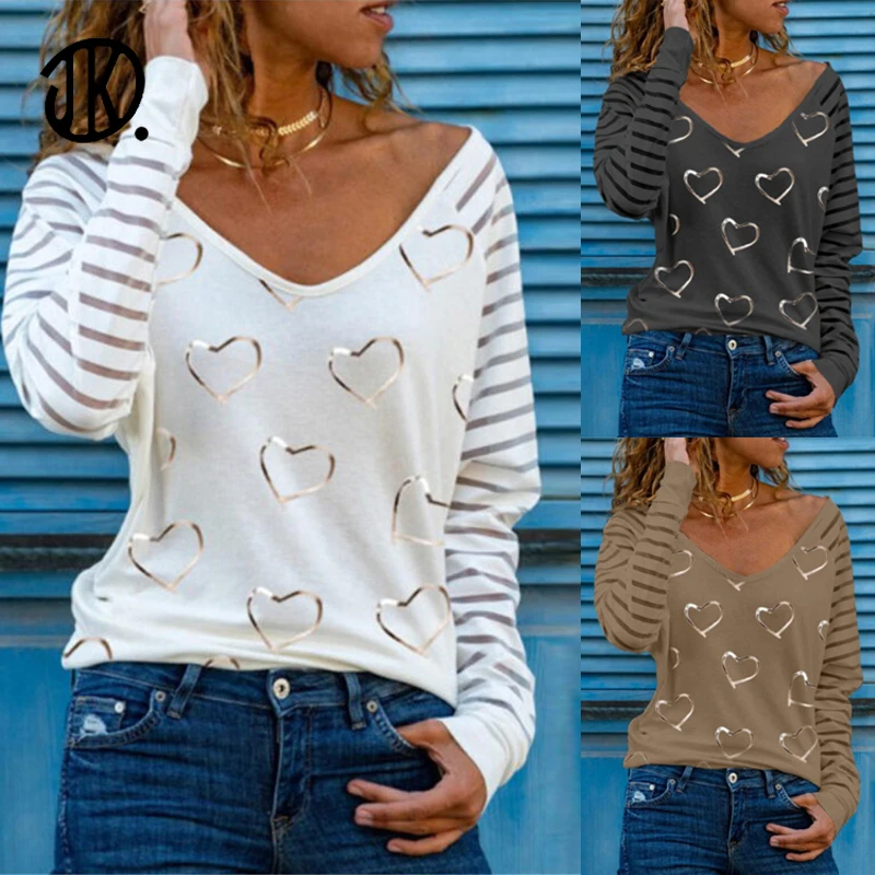 

All-match Base T-shirt Sexy Printing V-neck Long-sleeved Top 2021 New Style Striped T Shirt Oversized Female Spring Fall Clothes