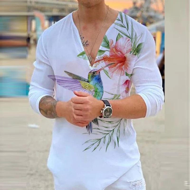 

Футболка мужская с длинным рукавом, приталенная универсальная Пляжная, с принтом, с V-образным вырезом, Повседневная Уличная одежда, весна-осень