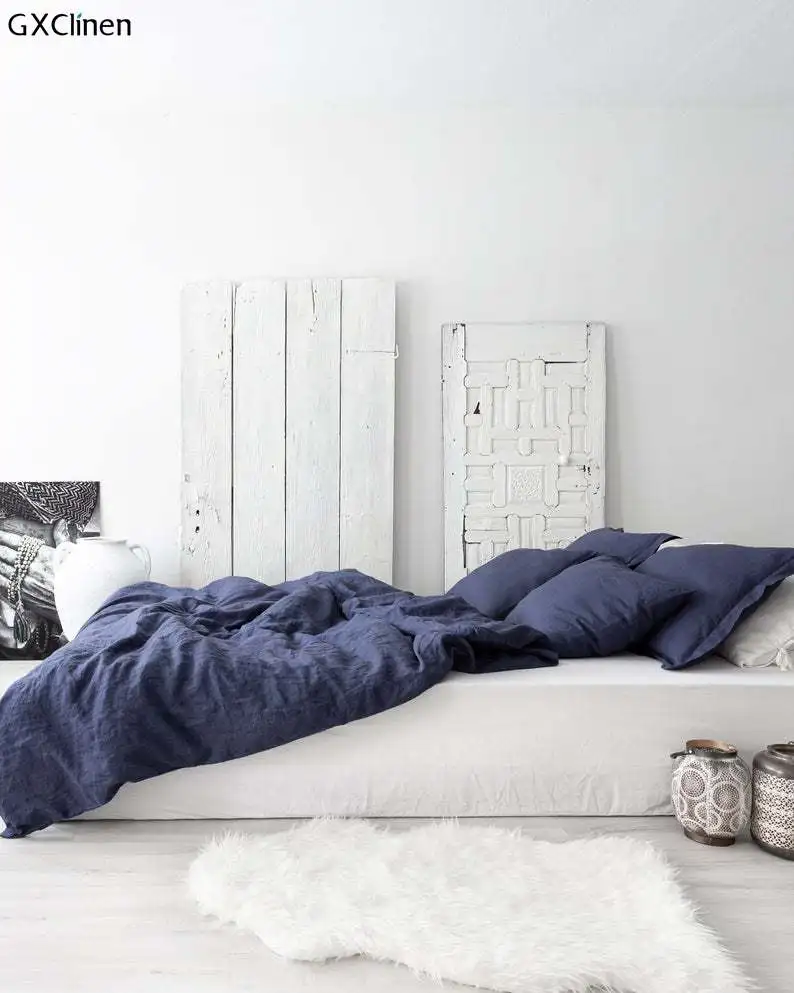 Ручная работа синего цвета льняное покрывало простынь и наволочки для подушек