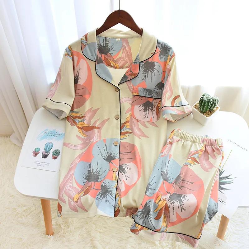 Summer Women Pajamas Set  Knit Cotton Short Sleeve Sleepwear with Shorts Thin Loose Women's Fashion Cardigan Casual Home Wear