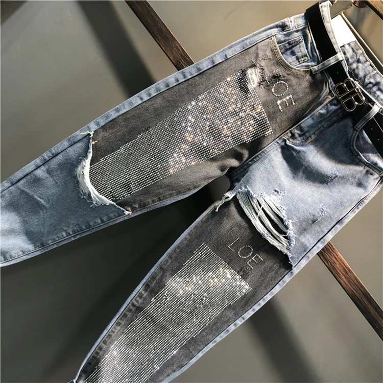 Spring Autumn Fashion AB Face Hit Color Stitching Jeans Women Diamond Ankle Length High Waist Harem Pants J459