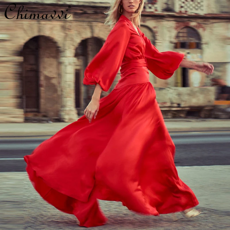 

Hepburn Satin Red Dress Fashion Sexy V-neck Split Robe New Year Lantern Full Sleeve Slim Temperament Fairy Floor-length Dress