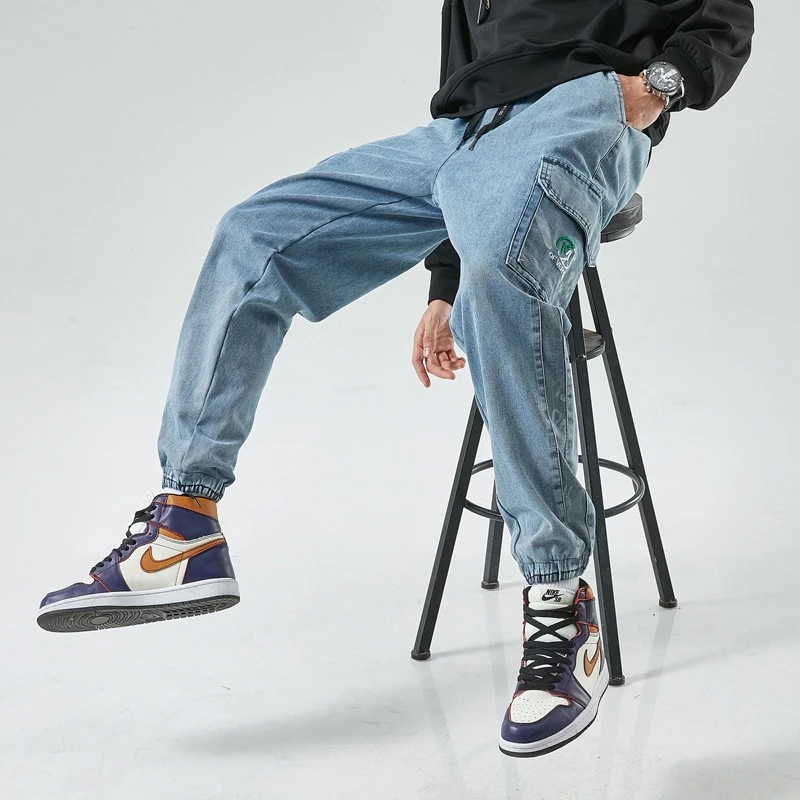 

Slim Blue Fit Denim Ankle Jeans Men Hip Hop Side Pocket Autumn Fashion Cargo Pants Male Streetwear Zipper Hip Hop Harem Trousers
