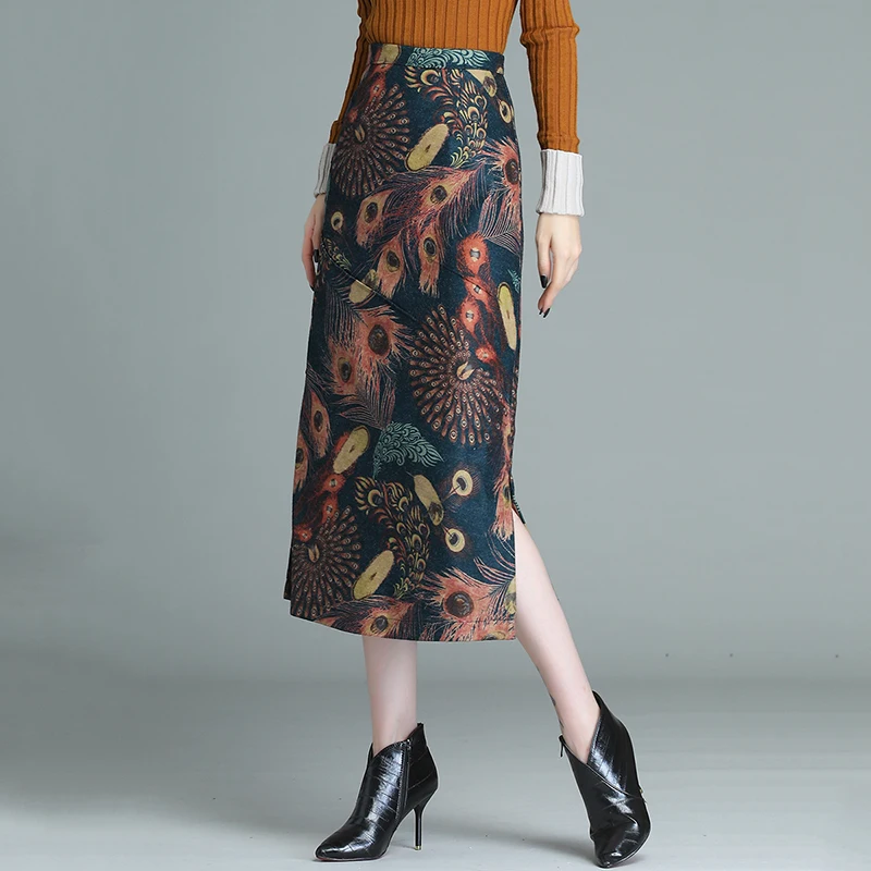 

Chinese Style Women's Clothing Straight Floral Print Elegant Retro Long Skirt 2020 Autumn Winter Split Mujer Faldas