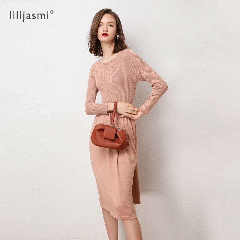 Женское трикотажное платье с круглым вырезом длинное Плиссированное теплое