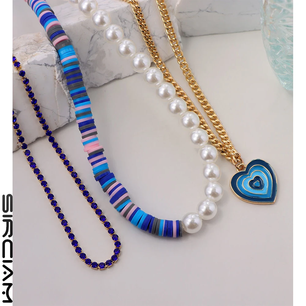 

Sweet Layered Blue Heart Asymmetry Pearl Beaded Necklace For Women Crystal Choker New Design Handmade Clay Bead Bohemian Jewelry