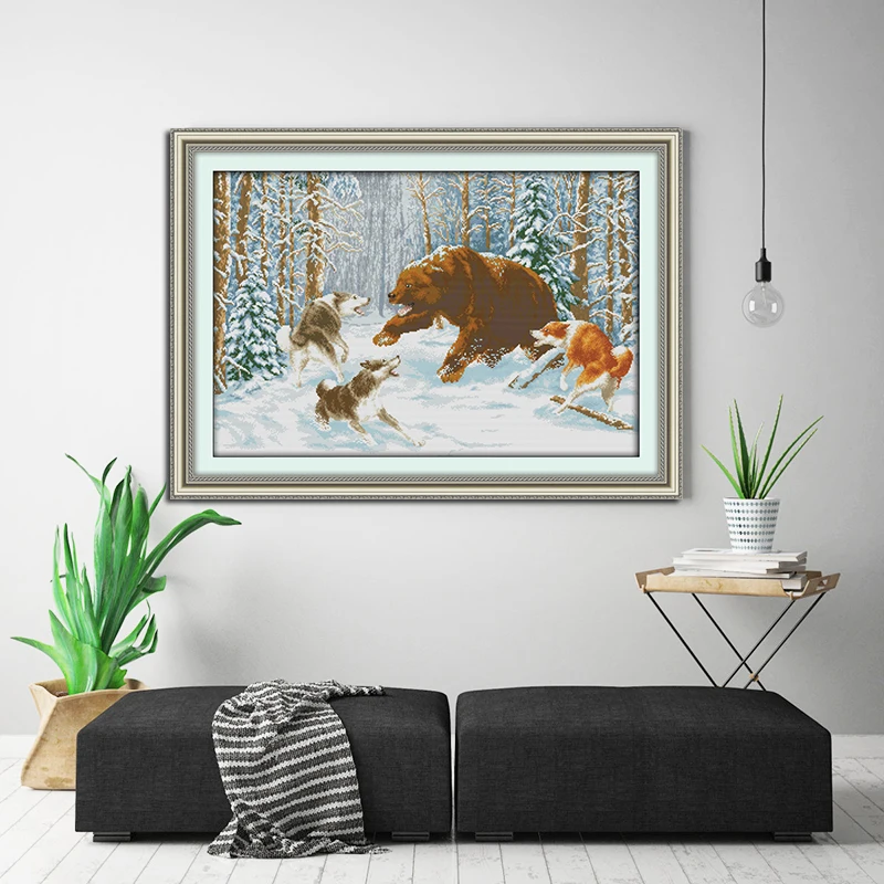 Joy Sunday Набор для вышивки крестиком с принтом волков и медведей в снегу на Canvas11 14CT