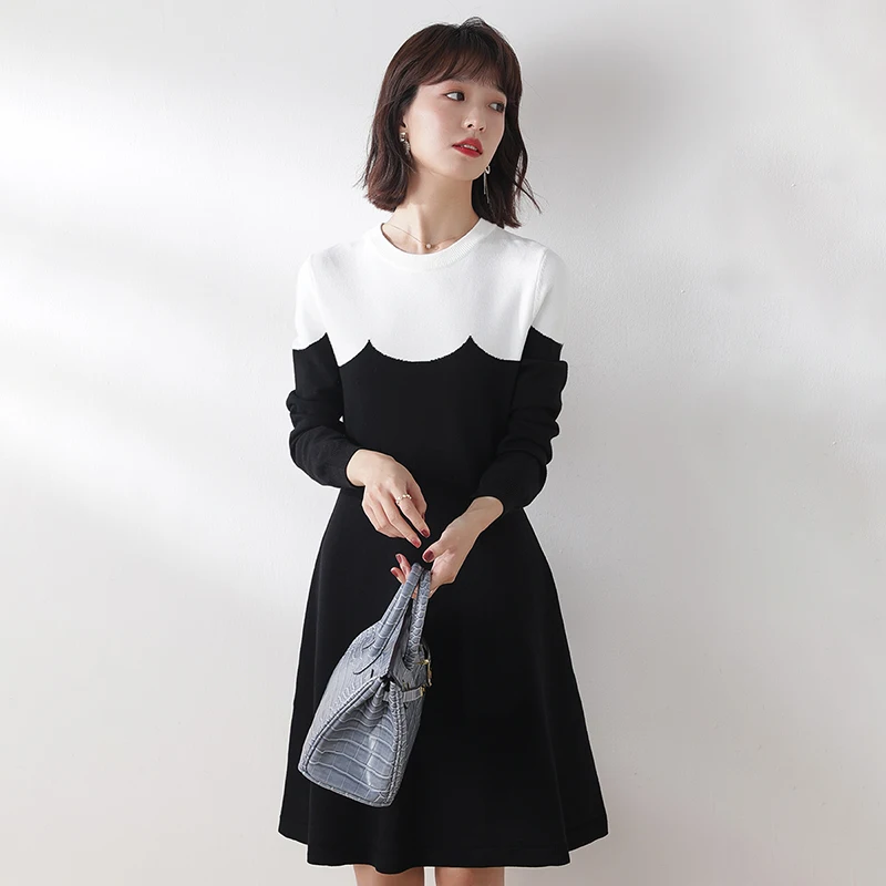 Женское трикотажное платье свитер с длинным рукавом круглым вырезом|Женские