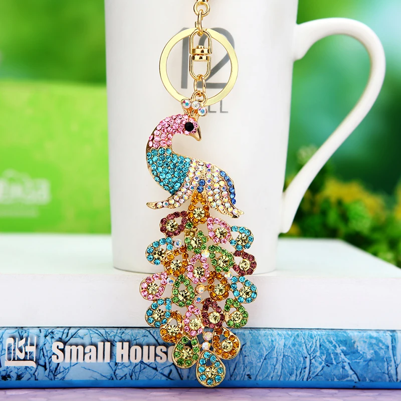 

Crystal diamond peacock car key ring women's bag pendant key chain ring Korea creative gift mobile phone pendant