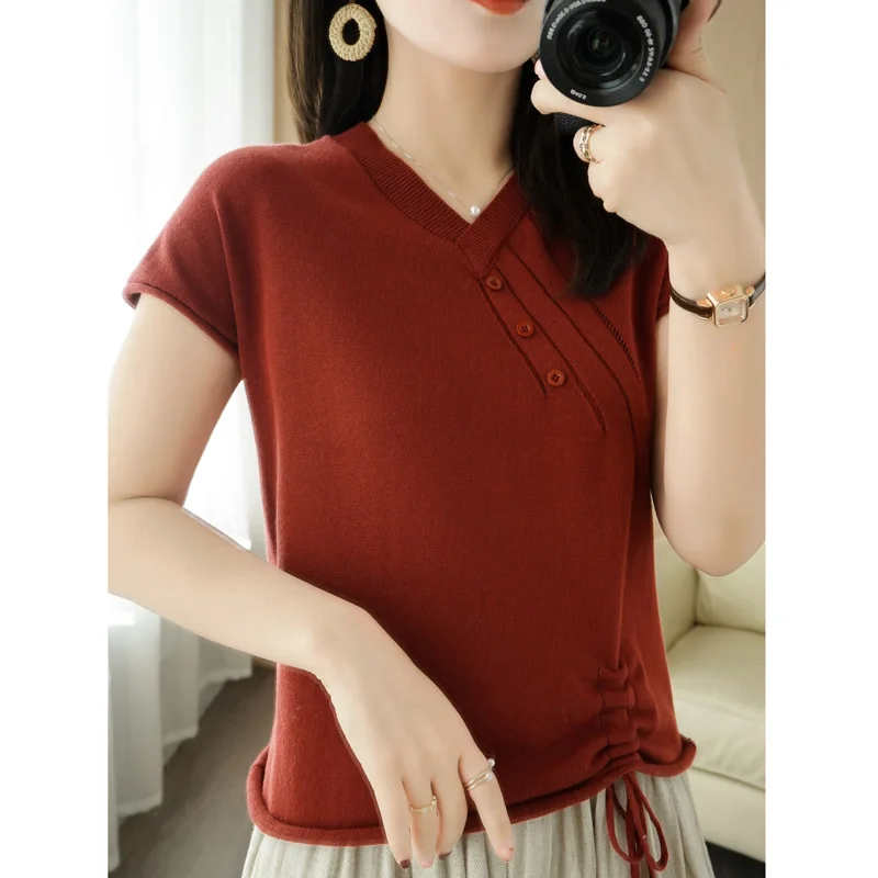 

Cotton Ladies Woman Tshirts Short Sleeve Knitted Sweaters Drawstring Female T Shirt Soft and Comfortable