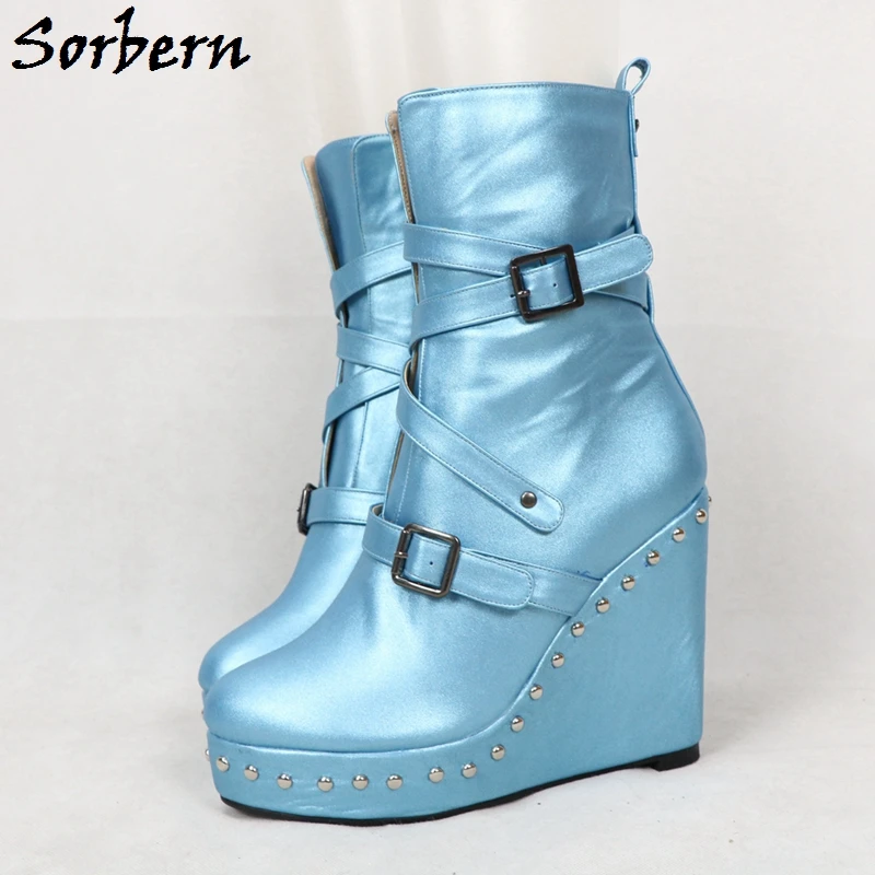 

Sorbern Wedge Heels Ankle Boots For Women Platform Shoe Triple Straps Buckle Rivets Designer Boots Women Round Toe Unisex Boot