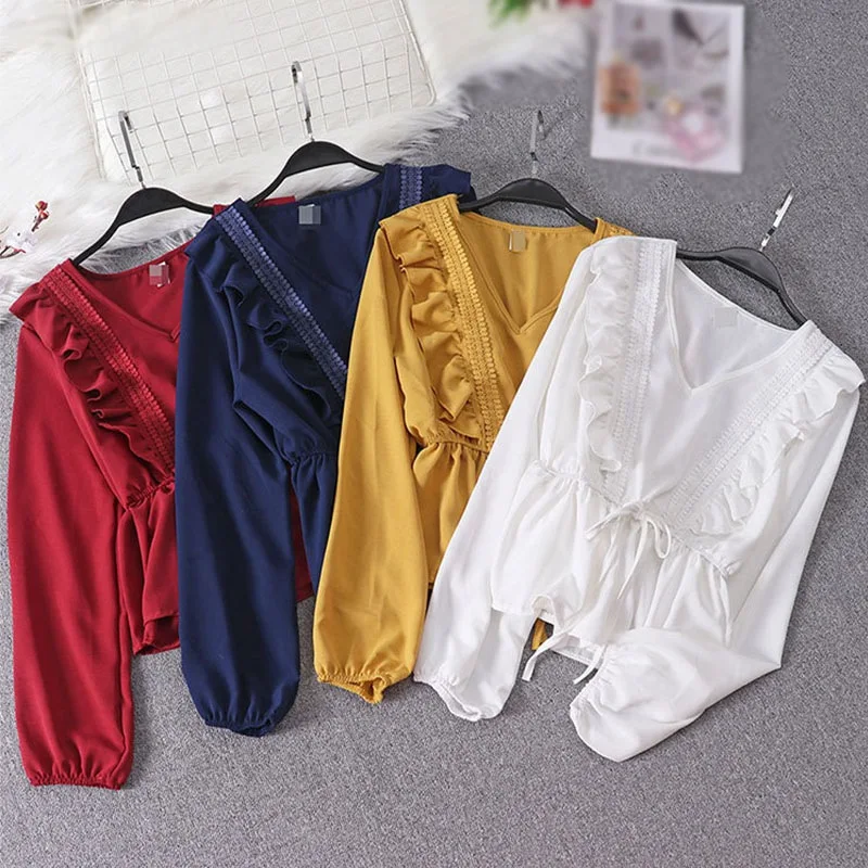 

Sweet Lace Up Waist Slimming Ruffled Blusas Women Lantern Sleeve Blouse Female Chiffon Long Sleeve Shirts Soft Femme Ropa Mujer