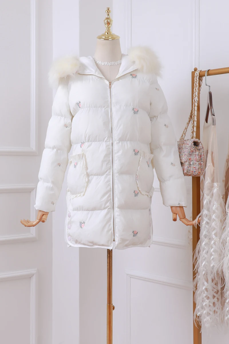 2019 autumn and winter new sweet long thick warm wool collar embroidery cotton coat women | Женская одежда